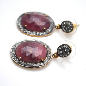 Gold Vermeil Over Sterling Silver Red Sapphire With Cubic Zirconia Pave Diamond 35x19mm Dangle Drop Earring