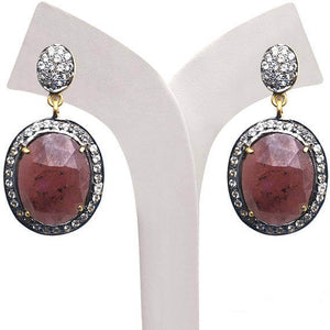 Gold Vermeil Over Sterling Silver Red Sapphire With Cubic Zirconia Pave Diamond 35x19mm Dangle Drop Earring