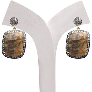 Gold Vermeil Over Sterling Silver Brown Sapphire With Cubic Zirconia Pave Diamond 25x43mm Dangle Drop Earring
