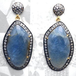 Blue Sapphire With Cubic Zirconia Pave Diamond 51x22mm,Gold Vermeil Dangle Drop Stud Earring - GemMartUSA